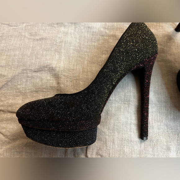Brian Atwood Fontanne Shoes Gold Red Blue Glitter Heels Platform Black - Picture 1 of 11